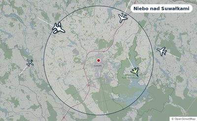 Mapa okolic miasta z sylwetkami samolotów — Niebo nad Suwałkami na żywo