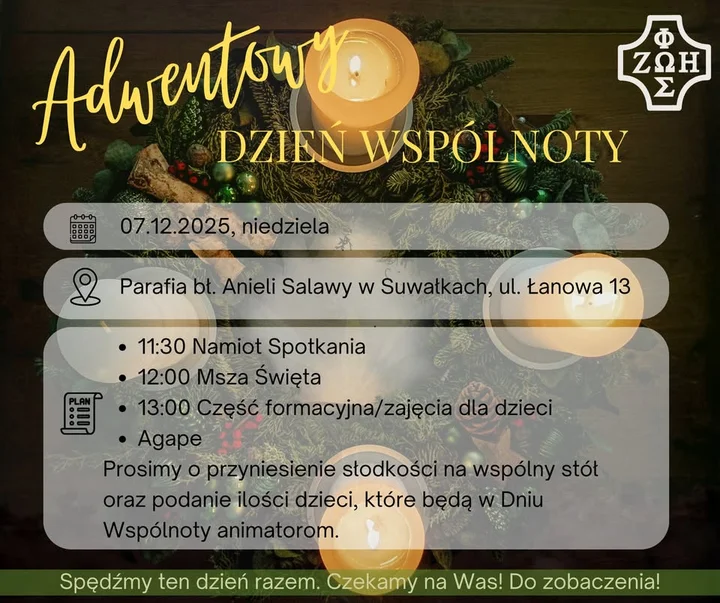 Grafika promocyjna wydarzenia Adwentowy Dzień Wspólnoty Suwałki — spotkanie parafialne i wspólne przygotowanie do Adwentu