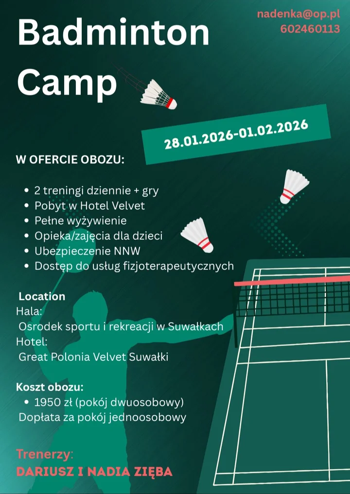 Grafika promocyjna wydarzenia Badminton Camp w Suwałkach — treningi, sparingi i dobra atmosfera na korcie