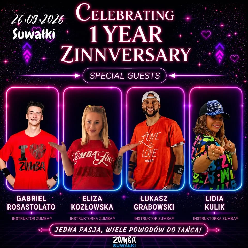Grafika promocyjna wydarzenia Celebrating 1 Year Zinnversary + Warszaty Bachata w Suwałkach