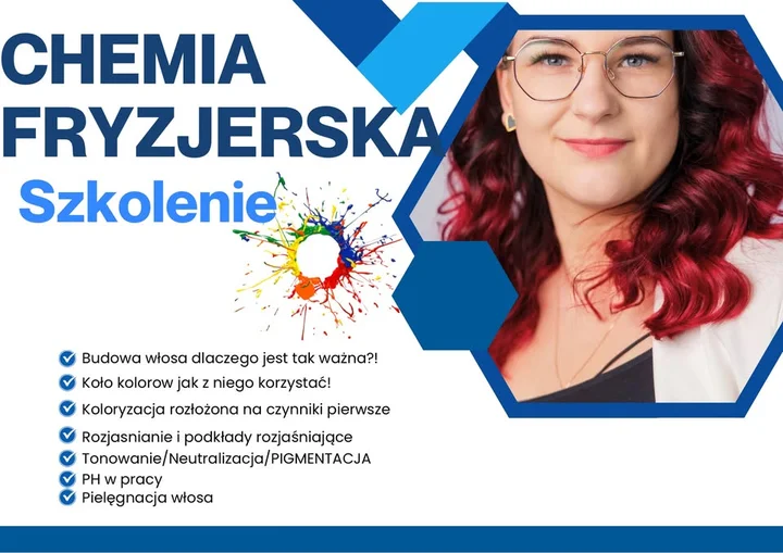 Obrazek przedstawia grafikę promocyjną wydarzenia Szkolenie: podstawy i zaawansowane techniki chemii fryzjerskiej