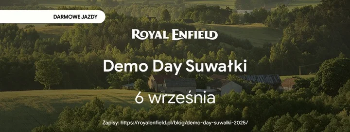 Obrazek przedstawia grafikę promocyjną wydarzenia Bezpłatne jazdy testowe motocykli Royal Enfield w Suwałkach