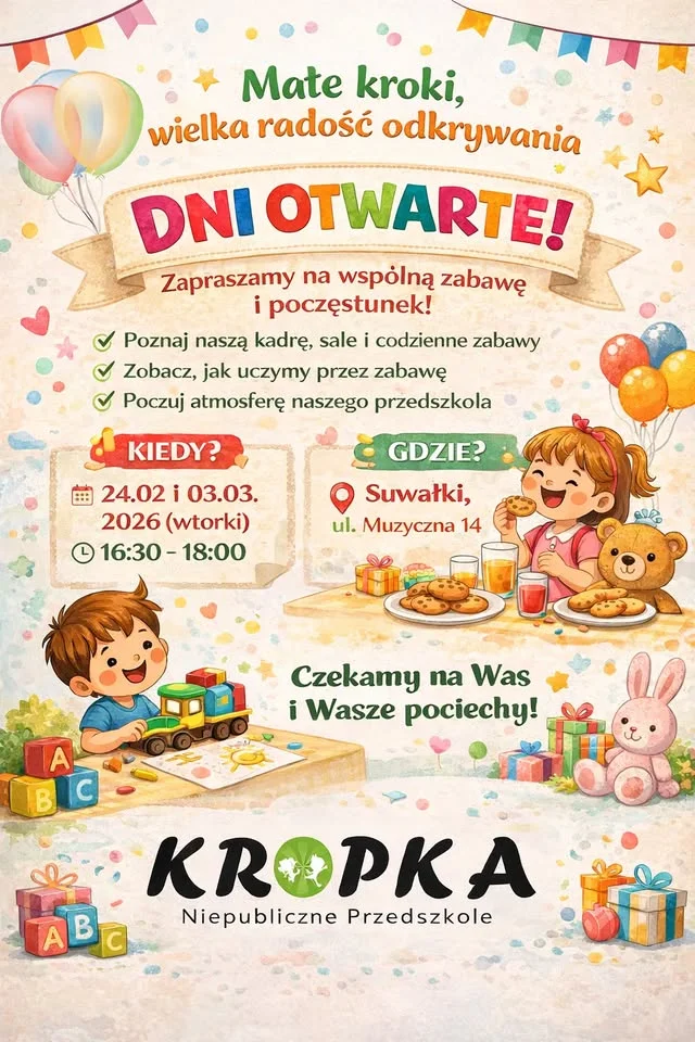 Grafika promocyjna wydarzenia Dni Otwarte w Kropce! — sprawdź przedszkole Kropka w Suwałkach
