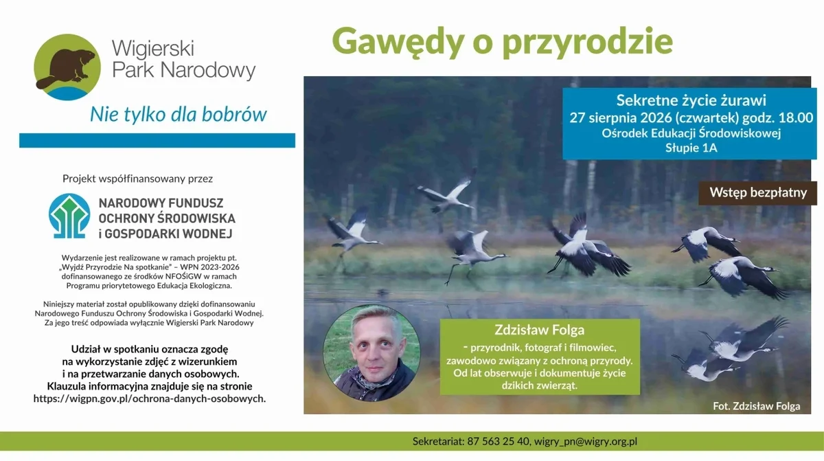 Grafika promocyjna wydarzenia Gawędy o Przyrodzie „Sekretne życie żurawi”