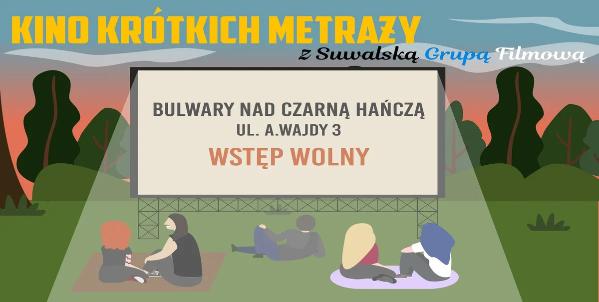 Grafika promocyjna wydarzenia Letnie kino plenerowe z krótkimi filmami w Suwałkach