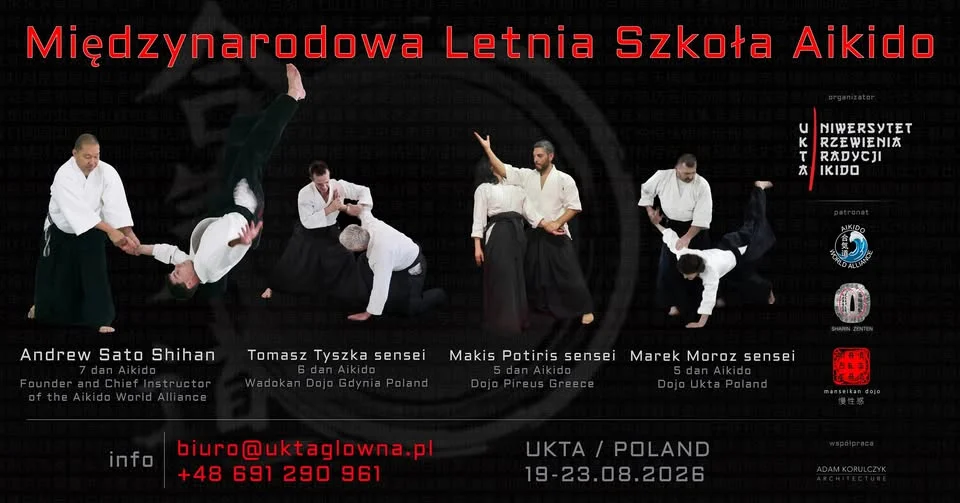 Grafika promocyjna wydarzenia Międzynarodowa Szkoła Letnia Aikido UKTA 2026 w Ukcie
