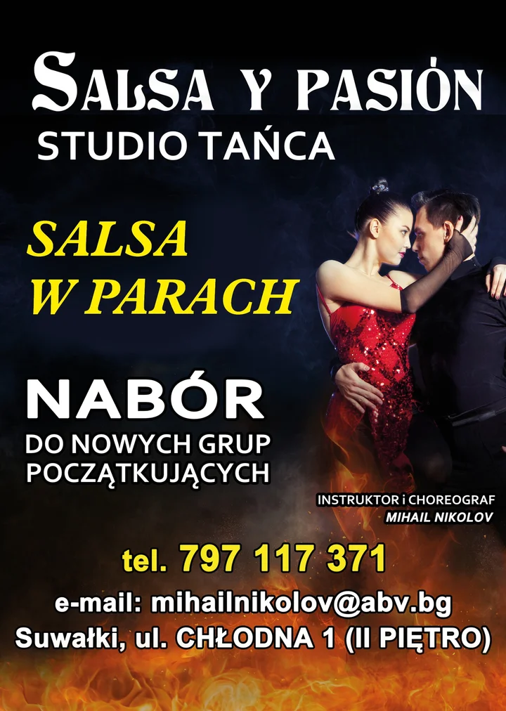 Obrazek przedstawia grafikę promocyjną wydarzenia Zajęcia dla początkujących z salsy — nabór na grupę startową