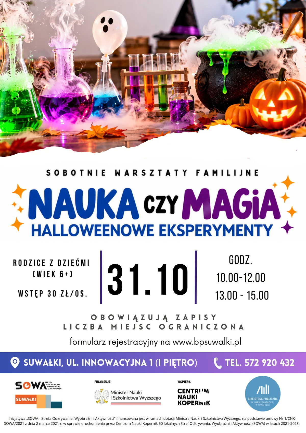 Grafika promocyjna wydarzenia Nauka czy magia? Halloweenowe eksperymenty w SOWA