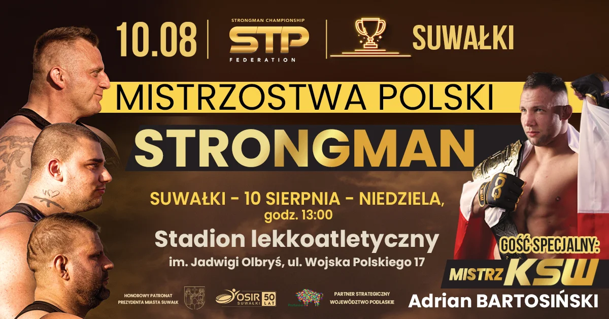 Grafika promocyjna wydarzenia Strongman na Stadionie Lekkoatletycznym w Suwałkach