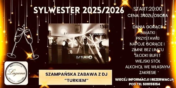 Grafika promocyjna wydarzenia Sylwester 2025/2026 — Szampańska Zabawa z DJ Turkiem