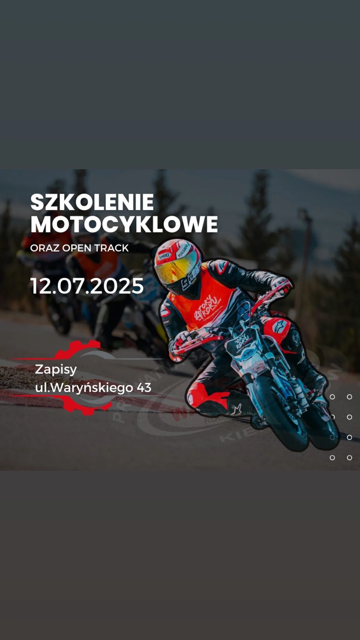 Grafika promocyjna wydarzenia Szkolenie i jazdy motocyklowe na torze w Suwałkach