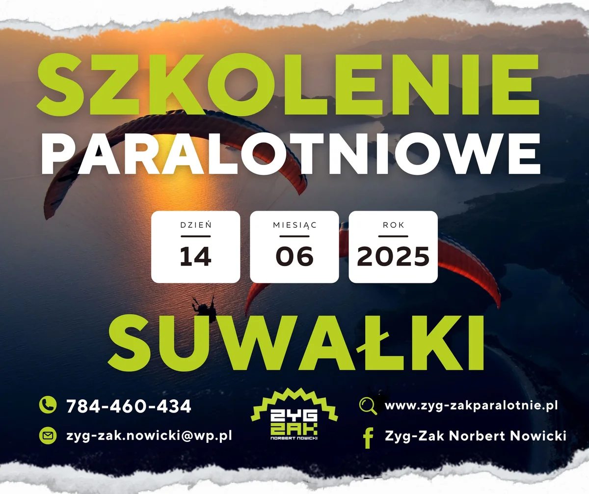 Grafika promocyjna wydarzenia Szkolenie paralotniowe w Suwałkach – czerwiec 2025