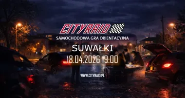 Grafika promocyjna wydarzenia CITYRAID Suwałki 2026: samochodowa gra orientacyjna z nagrodami
