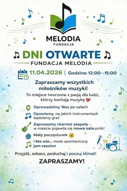 Grafika promocyjna wydarzenia Dni Otwarte Fundacji Melodia w Suwałkach – nowa sala prób, instrumenty i muzyczny klimat