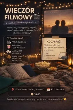 Grafika promocyjna wydarzenia Kino z Wytchnieniem dla opiekunów OzN w Suwałkach