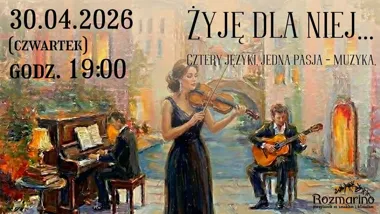 Grafika promocyjna wydarzenia Żyję dla niej... – koncert w Suwałkach z muzyką po polsku, francusku, włosku i angielsku