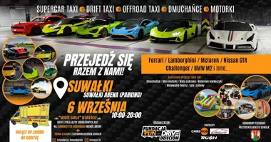 Grafika promocyjna wydarzenia Przejedź się Ferrari, Lamborghini i McLarenem w Suwałkach