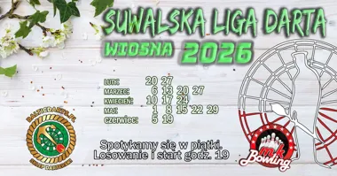 Grafika promocyjna wydarzenia Suwalska Liga Darta – Wiosna 2026 w MK Bowling Suwałki