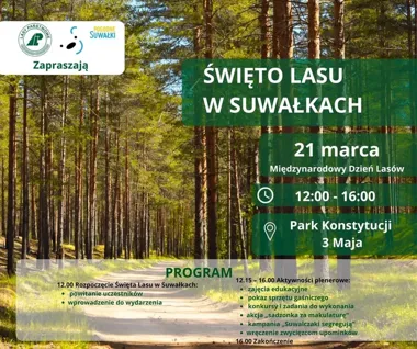 Grafika promocyjna wydarzenia Święto Lasu w Suwałkach — spotkanie z naturą w Parku Konstytucji 3 Maja