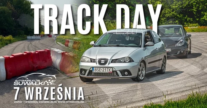 Obrazek przedstawia grafikę promocyjną wydarzenia Track Day na torze w Suwałkach – wrzesień 2025