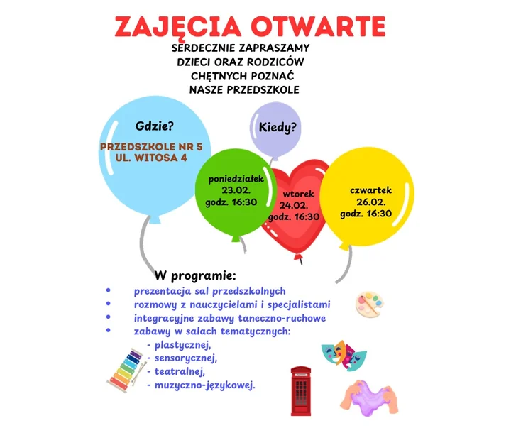 Grafika promocyjna wydarzenia Zajęcia otwarte w przedszkolu przy Witosa 4 — spotkanie dla przyszłych przedszkolaków