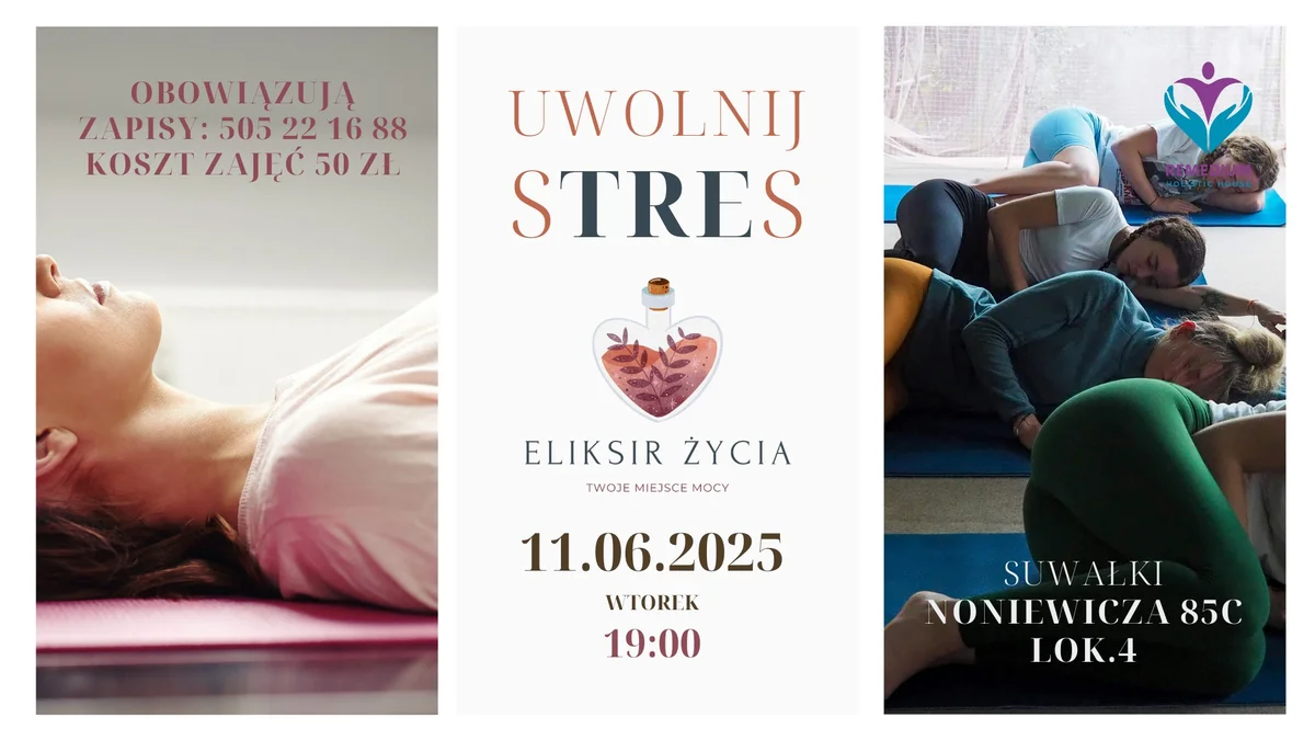 Grafika promocyjna wydarzenia Zajęcia relaksacyjne redukujące stres w Suwałkach