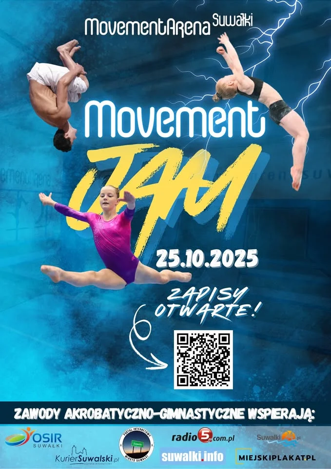 Obrazek przedstawia grafikę promocyjną wydarzenia Zawody gimnastyczno-akrobatyczne Movement Jam 2025 w Suwałkach